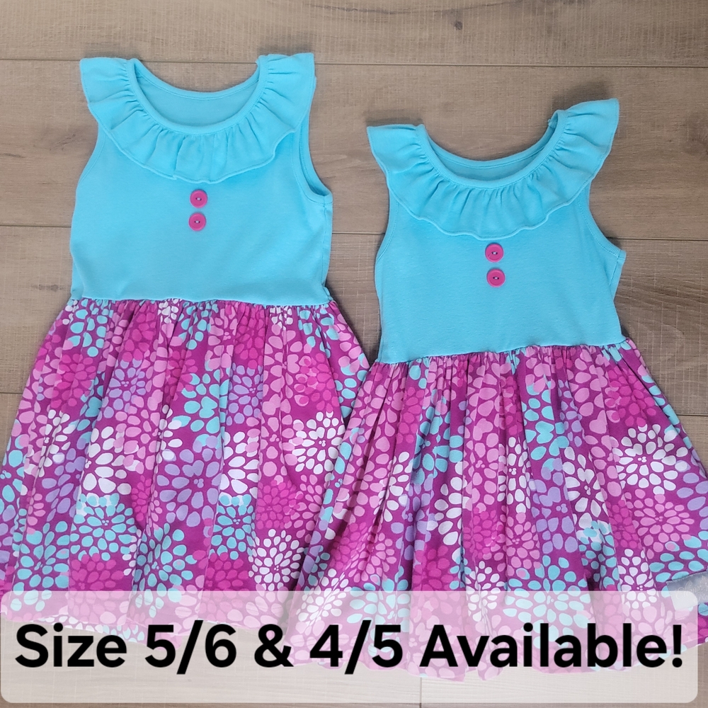 Eleanor Rose Floral Pink Aqua Sister Set | Sizes 4-5 & 5-6